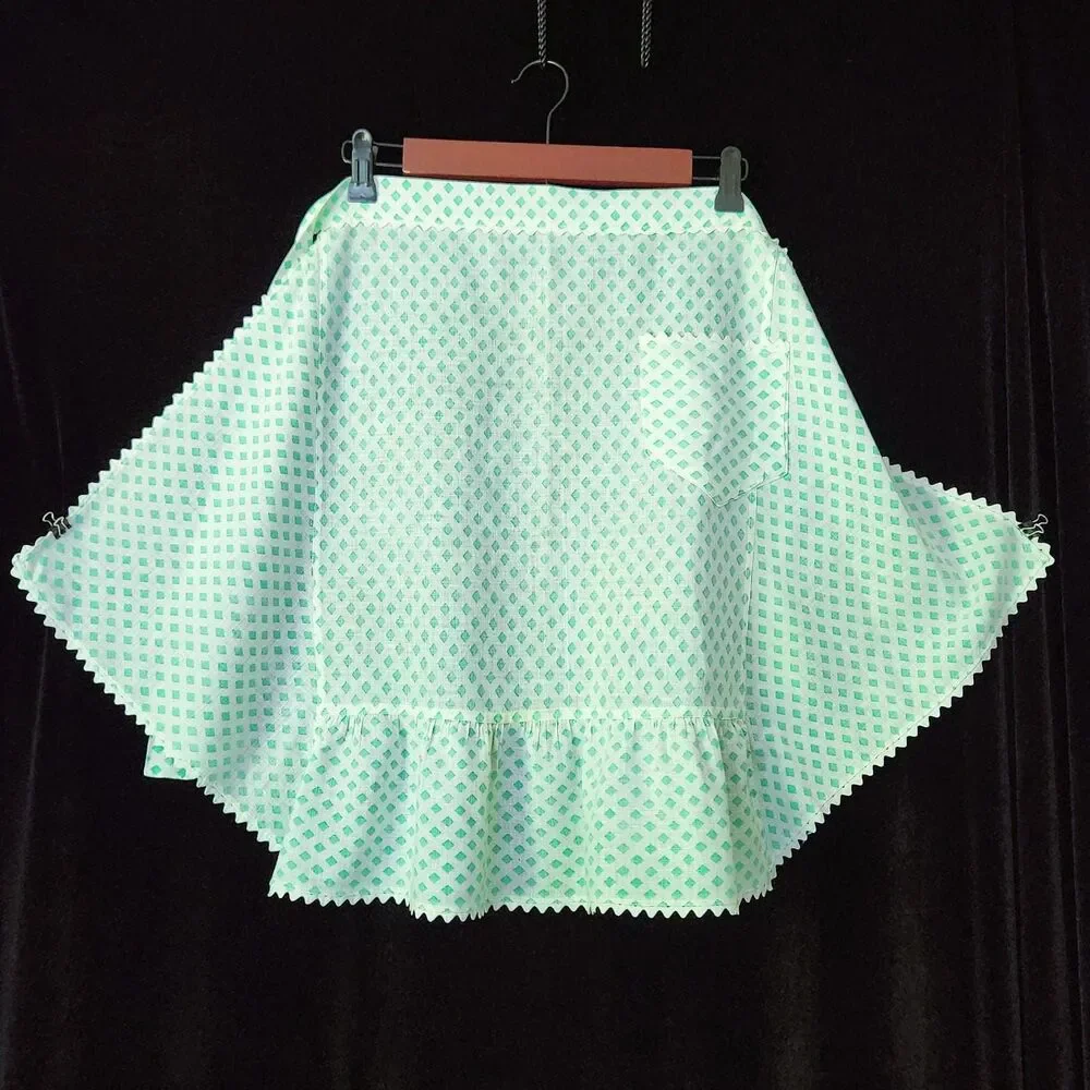 OOAK Half Apron Vintage Kitchen Turquoise Aqua White Plaid with Rick Rack Hem